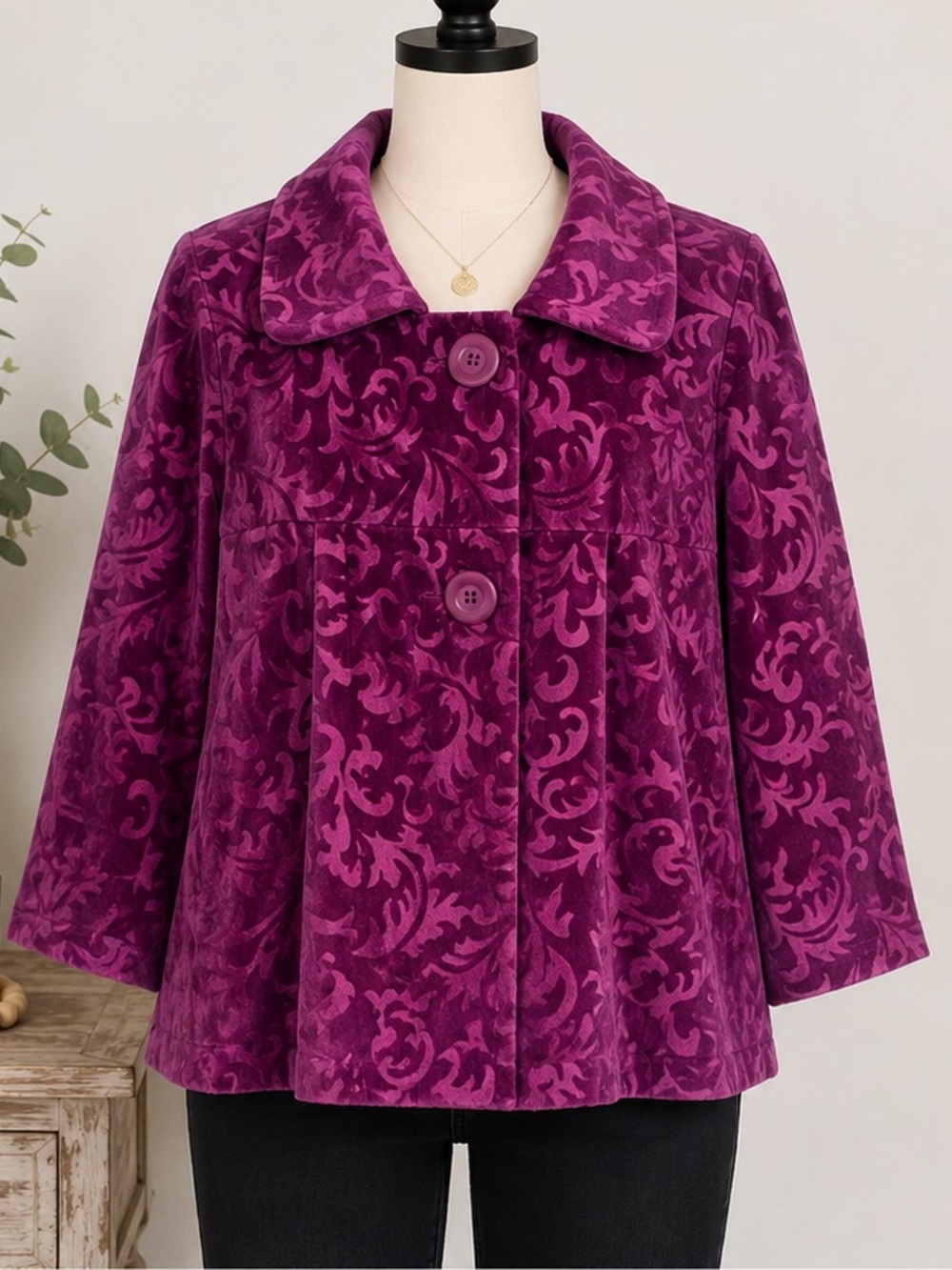 RQT‎ Purple Velvet Floral Damask Jacket XL Button Front Artsy Career Jacket